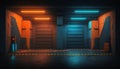 Underground Neon Orange Blue Sci Fi Futuristic Rock Wall Concrete Basement Parking. Generative ai Royalty Free Stock Photo