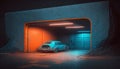 Underground Neon Orange Blue Sci Fi Futuristic Rock Wall Concrete Basement Parking. Generative ai Royalty Free Stock Photo