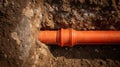 Underground orange PVC sewer pipe installation in soil trench with visible joint coupling Royalty Free Stock Photo