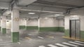 Underground parking in white and green tones with elevator