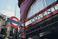 Underground roundel and station name sign outside Covent Garden station, London, UK Royalty Free Stock Photo
