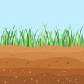 Underground soil layers, green grass surface.Brown clay structure, topsoil field environment and nature geology illustration.