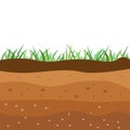 Underground soil layers, green grass surface.Brown clay structure, topsoil field environment and nature geology illustration.