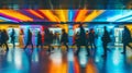 Underground subway railway station platform with people inside train and moving passenger silhouettes in foreground. Royalty Free Stock Photo