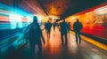 Underground subway railway station platform with train arriving and moving passenger blurred people silhouettes. Transportation, Royalty Free Stock Photo