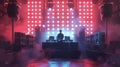 At a underground techno club a DJ stands in front of a massive wall of speakers their turntables and mixer taking up