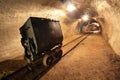 Underground train in mine, carts in gold, silver Royalty Free Stock Photo