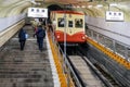 Underground Tram On Steep Slope And People Climbing Up In The Tunnel