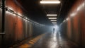 Underground tunnel with volumetric lights, highly detailed and realistic concept design illustration