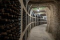 Underground wine cellar with aging wine bottles in racks Royalty Free Stock Photo