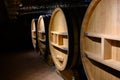 Underground wine cellars with barrels for aging of red dry wine in Chateauneuf-du-Pape wine making village in France with green