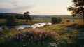 Romantic Riverscapes: A Photorealistic June Scenery With Flowers And Grass Royalty Free Stock Photo