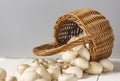 the underlying basket with mushrooms scattered on a white background Royalty Free Stock Photo