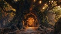 Underneath the gnarled roots of an ancient tree a tiny door adorned with intricate carvings appears. As it swings open a