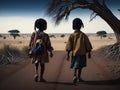 Two poor African girls walking under a dry tree in a desert