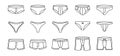 Underpants outline sketch set. Female and male underpants. Personal underclothing apparel. Classic boxers, trunks