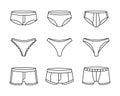 Underpants outline sketch set. Woman and men underpants. Personal underclothing apparel. Classic boxers, trunks, bikini Royalty Free Stock Photo