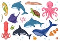 Undersea animals set in cartoon style. Underwater wild life creatures blue whale, clown fish, dolphin, killer whale Royalty Free Stock Photo