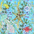 Undersea nautical watercolor print decorative sea life vintage style seamless pattern