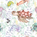 Undersea nautical watercolor print decorative sea life vintage style seamless pattern