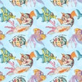 Undersea nautical watercolor print decorative sea life vintage style seamless pattern