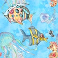 Undersea nautical watercolor print decorative sea life vintage style seamless pattern