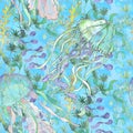 Undersea nautical watercolor print decorative sea life vintage style seamless pattern