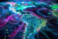 Undersea network map visualizing global internet traffic flows, dynamic colors