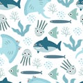 Undersea seamless pattern with cartoon sharks, fish, jellyfish, stingray. Colorful vector flat for kids. hand drawing. Royalty Free Stock Photo