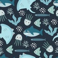 Undersea seamless pattern with cartoon sharks, fish, jellyfish, stingray. Colorful vector flat for kids. hand drawing. Royalty Free Stock Photo