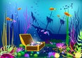 Undersea vector illustration with sunk ship and chest with gems Royalty Free Stock Photo