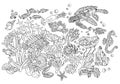 Undersea world : corals, sea anemones, shells, fish, crab, sea turtle, crystals, seahorse. Hand drawn illustration. Anti Royalty Free Stock Photo