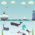Undersea world. Cute cartoon animals underwater with ship and diver vector illustration Royalty Free Stock Photo