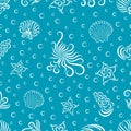 Undersea world drawn by a line vector seamless pattern. Octopus, shell, seaweed, starfish seamless texture