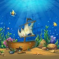 Undersea world with ship and fish