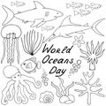 Undersea world. Vector set of illustrations. Outline on a white isolated background. The inhabitants of the ocean. Hand drawing.