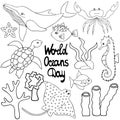 Undersea world. Vector set of illustrations. Outline on a white isolated background. The inhabitants of the ocean. Hand drawing.