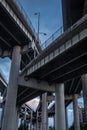 Underside of highway merging to different lanes