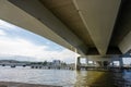 Underside of a large bridge..