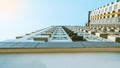 Underside panoramic and perspective view to blue glass high rise building skyscrapers, architecture Royalty Free Stock Photo