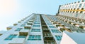 Underside panoramic and perspective view to blue glass high rise building skyscrapers, architecture Royalty Free Stock Photo