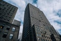 Underside panoramic and perspective view to facade fragment of Rockefeller Center building in midtown Manhattan