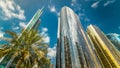 underside panoramic and perspective view to steel glass high rise building skyscrapers timelapse hyperlapse, Dubai, UAE Royalty Free Stock Photo