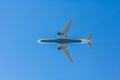 Underside of a passenger jet aircraft flying overhead Royalty Free Stock Photo
