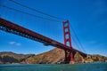 Underside and side view of Golden Gate Bridge with choppy San Francisco Bay waters