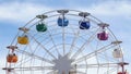 Underside view of a ferris wheel over blue sky