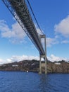 The underside of the Sotra suspension Bridge spanning Knarreviksundet Royalty Free Stock Photo