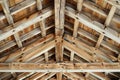 The underside of a wooden bridge reveals a lattice of beams