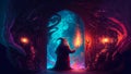 undersized fantasy mage in judenhat with torch in opened doorway, magic fantasygateway, neural network generated art Royalty Free Stock Photo