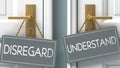 Understand or disregard as a choice in life - pictured as words disregard, understand on doors to show that disregard and